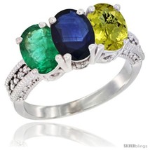 Size 8.5 - 14K White Gold Natural Emerald, Blue Sapphire &amp; Lemon Quartz Ring  - £647.45 GBP