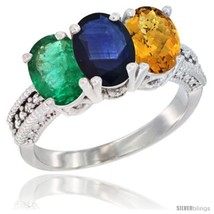 Size 8.5 - 14K White Gold Natural Emerald, Blue Sapphire &amp; Whisky Quartz Ring  - £648.95 GBP
