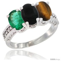 An item in the Jewelry & Watches category: Size 6.5 - 14K White Gold Natural Emerald, Black Onyx & Tiger Eye Ring 3-Stone 