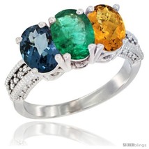 Size 7 - 14K White Gold Natural London Blue Topaz, Emerald &amp; Whisky Quartz Ring  - £614.04 GBP