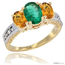 Size 7 - 10K Yellow Gold Ladies Oval Natural Emerald 3-Stone Ring with Whisky  - £461.43 GBP