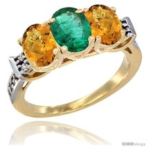 Size 6.5 - 10K Yellow Gold Natural Emerald &amp; Whisky Quartz Sides Ring 3-Stone  - £472.71 GBP