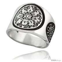 Size 10 - Sterling Silver Aztec Calendar Men&#39;s Ring Mayan Sun Sides, 18mm  - £38.30 GBP