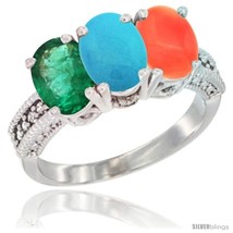 Size 6 - 14K White Gold Natural Emerald, Turquoise &amp; Coral Ring 3-Stone 7x5 mm  - £615.96 GBP