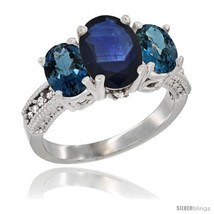 Size 6.5 - 14K White Gold Ladies 3-Stone Oval Natural Blue Sapphire Ring with  - £729.33 GBP