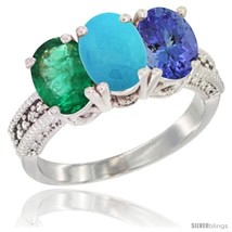 Size 7 - 14K White Gold Natural Emerald, Turquoise &amp; Tanzanite Ring 3-Stone 7x5  - £657.19 GBP