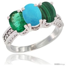 Size 8 - 14K White Gold Natural Emerald, Turquoise &amp; Malachite Ring 3-Stone 7x5  - £614.79 GBP
