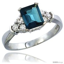 Size 7.5 - 14k White Gold Ladies Natural London Blue Topaz Ring Emerald-shape  - $715.88