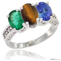 An item in the Jewelry & Watches category: Size 10 - 14K White Gold Natural Emerald, Tiger Eye & Tanzanite Ring 3-Stone 