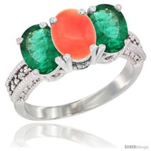 14k white gold natural coral emerald sides ring 3 stone 7x5 mm oval diamond accent thumb200
