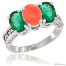 Size 7.5 - 14K White Gold Natural Coral &amp; Emerald Sides Ring 3-Stone 7x5 mm  - £630.12 GBP