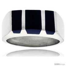 Size 13 - Gent&#39;s Sterling Silver Striped Black Obsidian Ring -Style  - £57.21 GBP