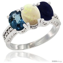 Size 8.5 - 14K White Gold Natural London Blue Topaz, Opal &amp; Lapis Ring 3-Stone  - £568.76 GBP