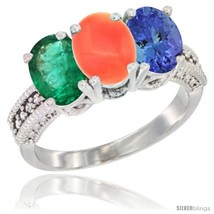 Size 7 - 14K White Gold Natural Emerald, Coral &amp; Tanzanite Ring 3-Stone 7x5 mm  - £631.22 GBP