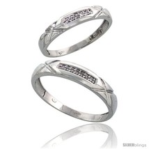 Size 5 - 10k White Gold Diamond 2 Piece Wedding Ring Set His 4mm &amp; Hers 3.5mm  - £296.57 GBP