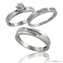 Size 7.5 - 10k White Gold Diamond Trio Wedding Ring Set His 5mm &amp; Hers 3mm  - £633.35 GBP
