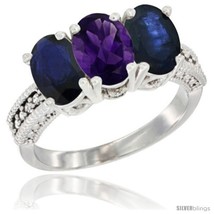 Size 5 - 14K White Gold Natural Amethyst &amp; Blue Sapphire Sides Ring 3-Stone 7x5  - $823.45