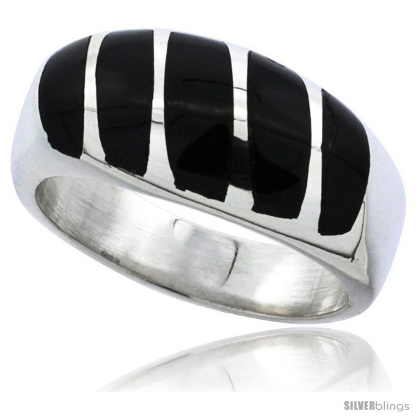 Size 14 - Sterling Silver Striped Black Obsidian Men's Ring 3/8 in. 9 mm  - £48.82 GBP