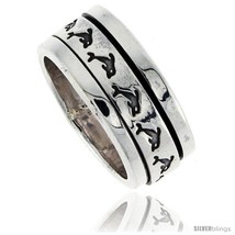 Size 9 - Sterling Silver Men&#39;s Spinner Ring Dolphin Pattern Flat Center  - $76.00