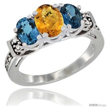 Size 7.5 - 14K White Gold Natural Whisky Quartz &amp; London Blue Ring 3-Stone Oval  - £535.67 GBP