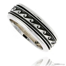 Size 8 - Sterling Silver Men&#39;s Spinner Ring Wave Design Handmade 5/16  - $78.25