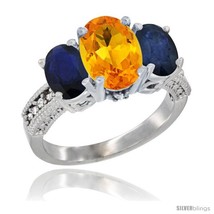 Size 8.5 - 14K White Gold Ladies 3-Stone Oval Natural Citrine Ring with Blue  - £730.79 GBP