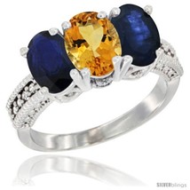 Size 6 - 14K White Gold Natural Citrine &amp; Blue Sapphire Sides Ring 3-Stone 7x5  - £659.57 GBP