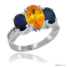 Size 9 - 14K White Gold Ladies 3-Stone Oval Natural Citrine Ring with Blue  - £733.06 GBP