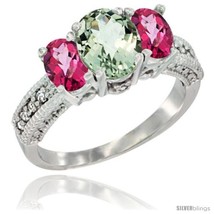 Size 6.5 - 14k White Gold Ladies Oval Natural Green Amethyst 3-Stone Ring with  - £527.39 GBP