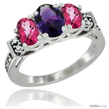 Size 7.5 - 14K White Gold Natural Amethyst &amp; Pink Topaz Ring 3-Stone Oval with  - £572.89 GBP