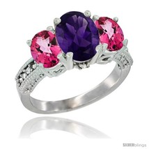 Size 5 - 14K White Gold Ladies 3-Stone Oval Natural Amethyst Ring with Pink  - £647.79 GBP