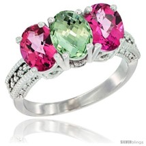 Size 5.5 - 14K White Gold Natural Green Amethyst &amp; Pink Topaz Sides Ring  - £572.92 GBP