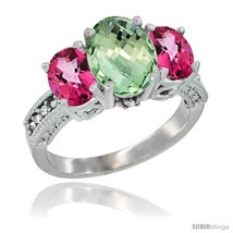 Size 8 - 14K White Gold Ladies 3-Stone Oval Natural Green Amethyst Ring with  - £659.52 GBP