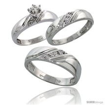 Size 5.5 - 10k White Gold Diamond Trio Wedding Ring Set His 6mm &amp; Hers 4.5mm  - £689.55 GBP