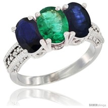 Size 10 - 14K White Gold Natural Emerald &amp; Blue Sapphire Sides Ring 3-Stone 7x5  - £694.75 GBP