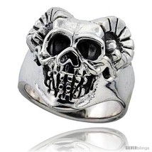 Sterling silver skull ring w horns 1 in wide thumb200