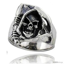 Size 9 - Sterling Silver Grim Reaper Head Skull Ring 1 in  - £74.57 GBP