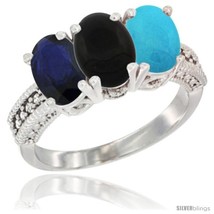 Size 9 - 14K White Gold Natural Blue Sapphire, Black Onyx &amp; Turquoise Ring  - £629.44 GBP