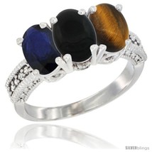 Gold natural blue sapphire black onyx tiger eye ring 3 stone 7x5 mm oval diamond accent thumb200