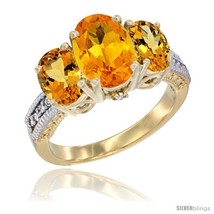 Size 5.5 - 10K Yellow Gold Ladies 3-Stone Oval Natural Citrine Ring Diamond  - £501.66 GBP