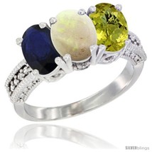 Size 9 - 14K White Gold Natural Blue Sapphire, Opal &amp; Lemon Quartz Ring 3-Stone  - £613.95 GBP