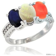 Size 10 - 14K White Gold Natural Blue Sapphire, Opal &amp; Coral Ring 3-Stone 7x5  - £611.08 GBP