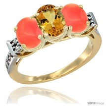 Size 8.5 - 10K Yellow Gold Natural Citrine &amp; Coral Sides Ring 3-Stone Oval 7x5  - £435.56 GBP