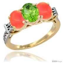 Size 6.5 - 10K Yellow Gold Natural Peridot &amp; Coral Sides Ring 3-Stone Oval 7x5  - £435.56 GBP