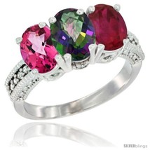 Size 5 - 14K White Gold Natural Pink Topaz, Mystic Topaz &amp; Ruby Ring 3-Stone  - £583.90 GBP