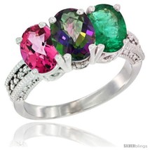 Size 5 - 14K White Gold Natural Pink Topaz, Mystic Topaz &amp; Emerald Ring 3-Stone  - £610.96 GBP