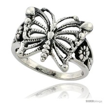 Size 8.5 - Sterling Silver Butterfly Ring w/ Floral Design 5/8 in  - £16.74 GBP