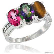 Size 7.5 - 14K White Gold Natural Pink Topaz, Mystic Topaz &amp; Tiger Eye Ring  - $712.53