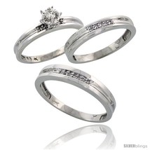 Size 10 - 10k White Gold Diamond Trio Wedding Ring Set His 4mm &amp; Hers 3.5mm  - £610.81 GBP