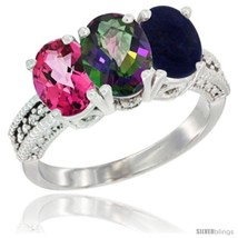 Size 5 - 14K White Gold Natural Pink Topaz, Mystic Topaz &amp; Lapis Ring 3-Stone  - £551.26 GBP